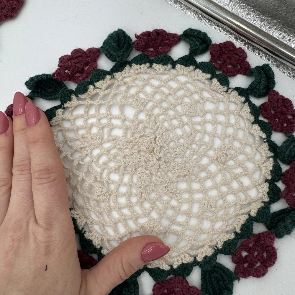 Vintage Crochet Doilies Lot 13 Green Burgundy‎ Cotton Holiday Cottagecore